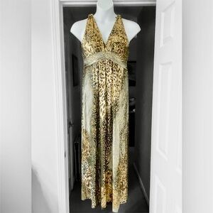 Y2K Racerback Maxi Dress Black Silver Gold Animal Print Metallic Long Dress L